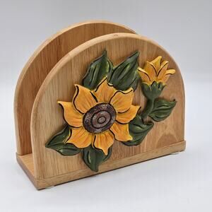 Rustic Woodcut Sunflower Napkin Holder featuring Intricate Sunflower Motif